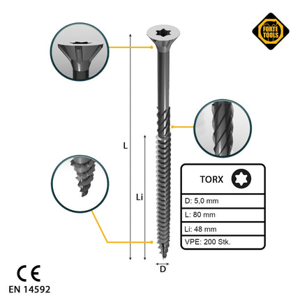 FORTE Tools Tornillo universal para madera 5,0 x 80 mm T25 200 piezas (000040113884) galvanizado en plata Torx cabeza avellanada rosca parcial