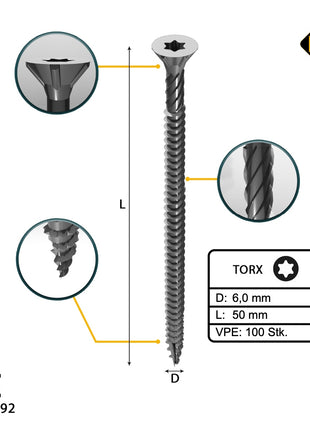 FORTE Tools Universal Holzschraube 6,0 x 50 mm T30 100 Stk. ( 000040113888 ) silber verzinkt Torx Senkkopf Vollgewinde - Toolbrothers