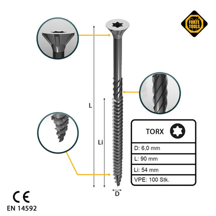 FORTE Tools Tornillo universal para madera 6,0 x 90 mm T30 100 piezas (000040113892) galvanizado en plata Torx cabeza avellanada rosca parcial