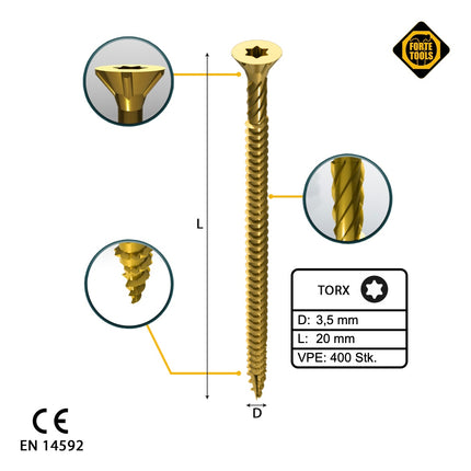 FORTE Tools Universal Holzschraube 3,5 x 20 mm T15 400 Stk. ( 2x 000051399466 ) gelb verzinkt Torx Senkkopf Vollgewinde - Toolbrothers