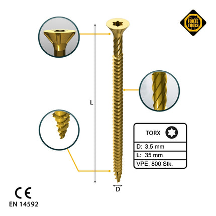 FORTE Tools tornillo universal para madera 3,5 x 35 mm T15 800 piezas (4x 000051399469) cabeza avellanada Torx galvanizada amarilla rosca completa