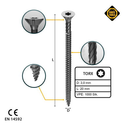 FORTE Tools tornillo universal para madera 3,0 x 20 mm T10 1000 piezas (2x 000040113857) galvanizado en plata Torx cabeza avellanada rosca completa