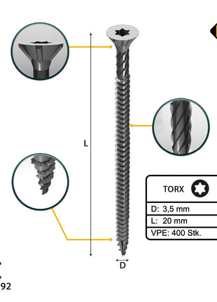 FORTE Tools Universal Holzschraube 3,5 x 20 mm T15 400 Stk. ( 2x 000040113861 ) silber verzinkt Torx Senkkopf Vollgewinde - Toolbrothers