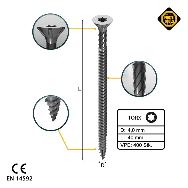 FORTE Tools Tornillo universal para madera 4,0 x 40 mm T20 400 piezas (2x 000040113869) galvanizado en plata Torx cabeza avellanada rosca completa
