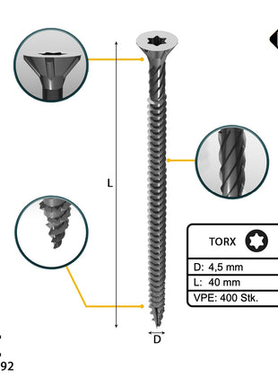 FORTE Tools Universal Holzschraube 4,5 x 40 mm T20 400 Stk. ( 2x 000040113873 ) silber verzinkt Torx Senkkopf Vollgewinde - Toolbrothers