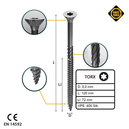 FORTE Tools Tornillo universal para madera 5,0 x 120 mm T25 400 piezas (4x 000040113879) galvanizado en plata Torx cabeza avellanada rosca parcial