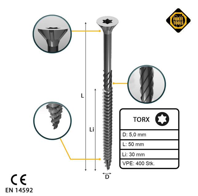 FORTE Tools Tornillo universal para madera 5,0 x 50 mm T25 400 piezas (2x 000040113881) galvanizado en plata Torx cabeza avellanada rosca parcial