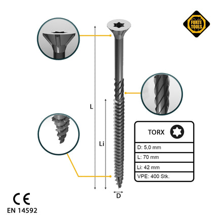 FORTE Tools tornillo universal para madera 5,0 x 70 mm T25 400 piezas (2x 000040113883) galvanizado en plata Torx cabeza avellanada rosca parcial