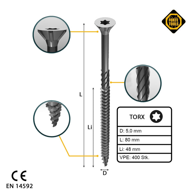 FORTE Tools Tornillo universal para madera 5,0 x 80 mm T25 400 piezas (2x 000040113884) galvanizado en plata Torx cabeza avellanada rosca parcial