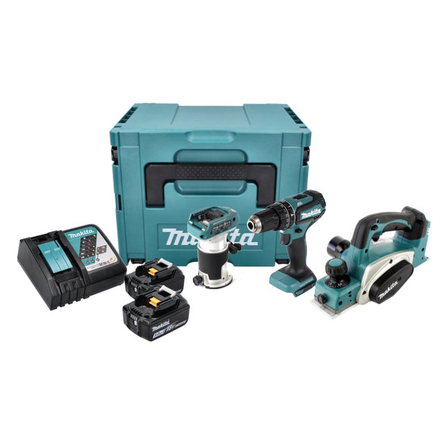 Makita DLX 3116 TJ kit combo sin cable DHP 485 taladro de impacto sin cable + DKP 180 cepillo sin cable + DRT 50 router multifunción sin cable + 2x batería recargable 5.0 Ah + cargador + Makpac