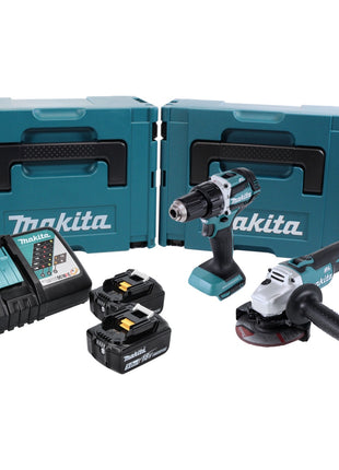 Makita DLX 2190 TJ1 cordless combo kit DDF 484 cordless drill driver + DGA 504 cordless angle grinder + 2x rechargeable battery 5.0 Ah + charger + 2x Makpac