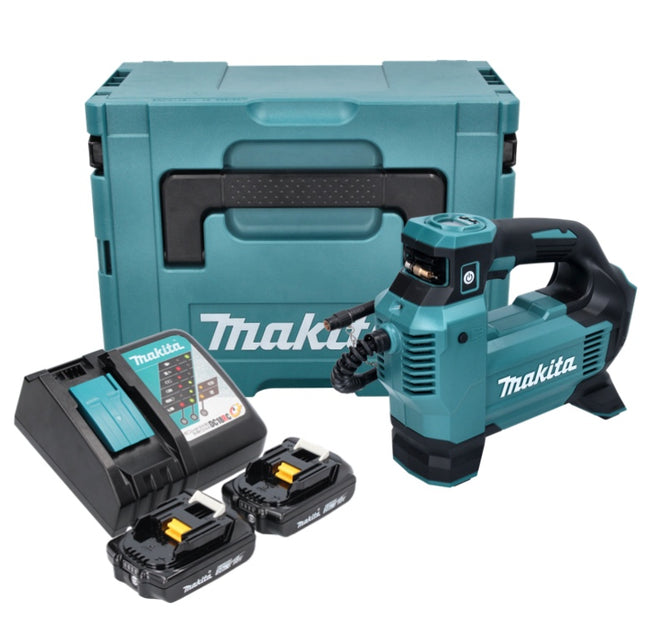 Makita DMP 181 RAJ cordless compressor 18 V 11.1 bar + 2x rechargeable battery 2.0 Ah + charger + Makpac