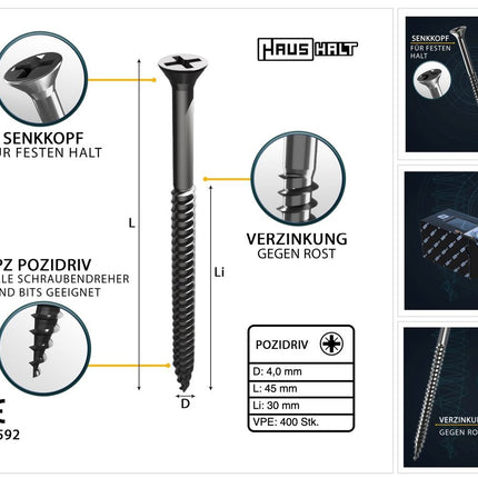 HausHalt Universal Holzbauschraube Holzschraube 4,0 x 45 mm PZ2 400 Stk. ( 000051371117 ) silber verzinkt Kreuzschlitz Pozidriv Senkkopf Teilgewinde - Toolbrothers