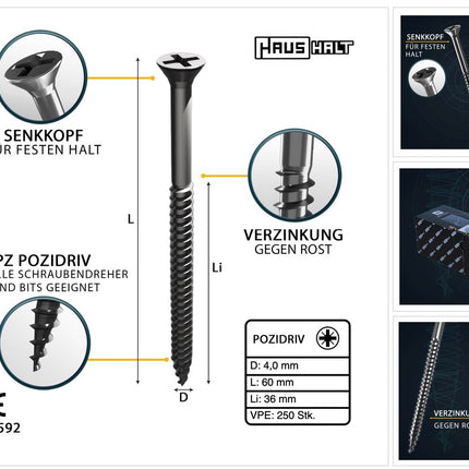 HausHalt Universal Holzbauschraube Holzschraube 4,0 x 60 mm PZ2 250 Stk. ( 000051371154 ) silber verzinkt Kreuzschlitz Pozidriv Senkkopf Teilgewinde - Toolbrothers