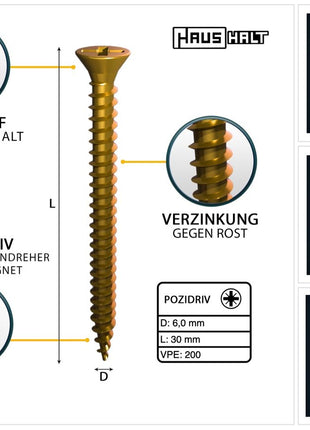 HausHalt Universal Holzbauschraube Holzschraube 6,0 x 30 mm PZ3 200 Stk. ( 000051371225 ) gelb verzinkt Kreuzschlitz Pozidriv Senkkopf Vollgewinde - Toolbrothers