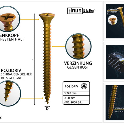 HausHalt Universal Holzbauschraube Holzschraube 3,5 x 20 mm PZ2 2000 Stk. ( 4x 000051371132 ) gelb verzinkt Kreuzschlitz Pozidriv Senkkopf Vollgewinde - Toolbrothers