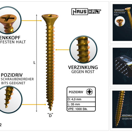 HausHalt Tornillo universal para construcción de madera tornillo para madera 4,0 x 35 mm PZ2 1000 piezas (2x 000051371145) amarillo galvanizado ranura en cruz Pozidriv cabeza avellanada rosca completa