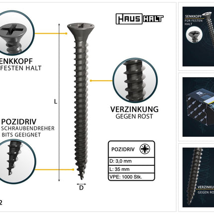 HausHalt Tornillo universal para construcción de madera tornillo para madera 3,0 x 35 mm PZ1 1000 piezas (2x 000051371099) plateado galvanizado ranura en cruz Pozidriv cabeza avellanada rosca completa