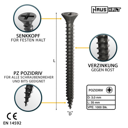 HausHalt Tornillo universal para construcción de madera tornillo para madera 3,0 x 35 mm PZ1 1000 piezas (2x 000051371099) plateado galvanizado ranura en cruz Pozidriv cabeza avellanada rosca completa