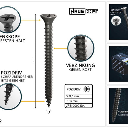 HausHalt Tornillo universal para construcción de madera, tornillo para madera, 3,0 x 35 mm, PZ1, 2000 piezas (4x 000051371099), ranura cruzada galvanizada en plata, cabeza avellanada Pozidriv, rosca completa
