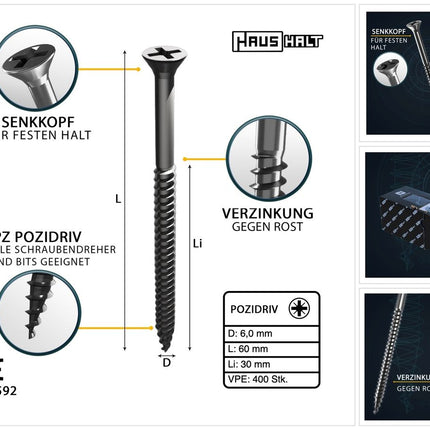HausHalt Universal Holzbauschraube Holzschraube 6,0 x 60 mm PZ3 400 Stk. ( 2x 000051371229 ) silber verzinkt Kreuzschlitz Pozidriv Senkkopf Teilgewinde - Toolbrothers