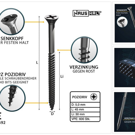 HausHalt Universal Holzbauschraube Holzschraube 5,0 x 45 mm PZ2 600 Stk. ( 2x 000051371196 ) silber verzinkt Kreuzschlitz Pozidriv Senkkopf Teilgewinde - Toolbrothers
