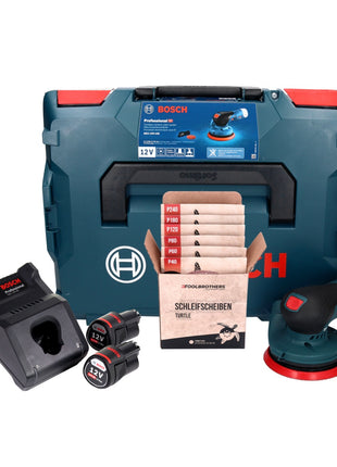 Bosch GEX 12V-125 Levigatrice rotorbitale a batteria professionale 12 V 125 mm brushless + 2x batteria ricaricabile 3,0 Ah + caricabatterie + set di levigatura Toolbrothers TURTLE + L-Boxx