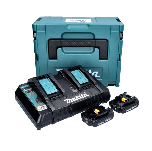 Kit alimentatore Makita 18 V con 2x batteria BL 1820 B 2,0 Ah ( 2x 197254-9 ) + caricatore rapido doppio DC 18 RD ( 196933-6 ) + Makpac