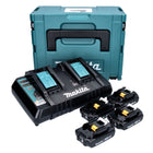 Kit di alimentazione Makita 18 V con 4x batterie BL 1820 B 2,0 Ah ( 4x 197254-9 ) + caricatore rapido doppio DC 18 RD ( 196933-6 ) + Makpac