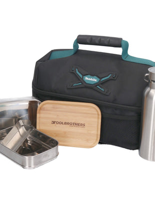 Toolbrothers Lunchpaket mit Makita Isoliertasche + Toolbrothers Fan Edelstahl Brotdose mit 2 Etagen und Bambus Decke 1340 ml + Edelstahl Trinkflasche 500 ml - Toolbrothers