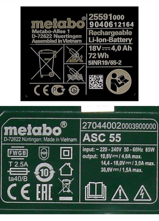 Metabo Basis Set 3x Li-Power Akkupack 18 V 4,0 Ah CAS Li-Ion Akku + Ladegerät ASC 55 ( 685049000 )