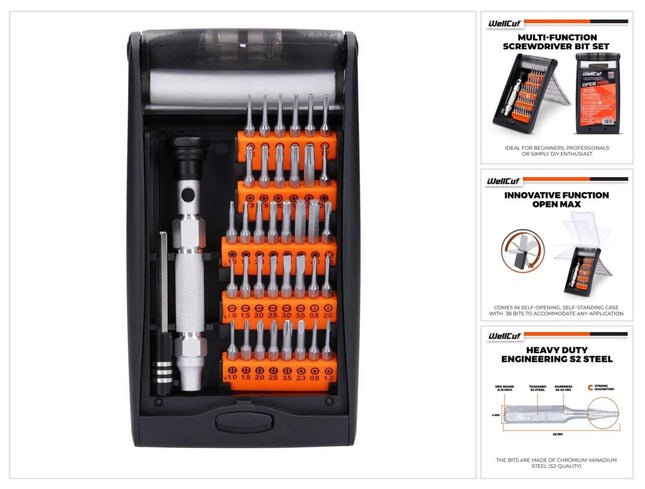 WellCut Präzisions-Mehrzweck-Schraubendreher-Bit-Set mit 60 mm Verlängerungsstange, 94 mm Aluminiumgriff, 38-teilig ( WC-MPS38U )