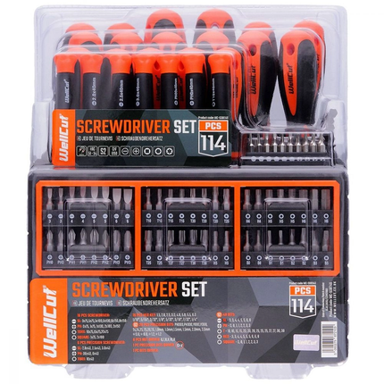 WellCut 114-teiliges magnetisches Schraubendreher-Set mit Werkzeugregal, Werkzeugset mit Schraubendrehern/ Bits/ Innensechskantschlüssel / Steckschlüsseln ( WC-SDB114S )