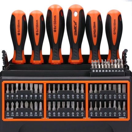 WellCut 114-teiliges magnetisches Schraubendreher-Set mit Werkzeugregal, Werkzeugset mit Schraubendrehern/ Bits/ Innensechskantschlüssel / Steckschlüsseln ( WC-SDB114S )