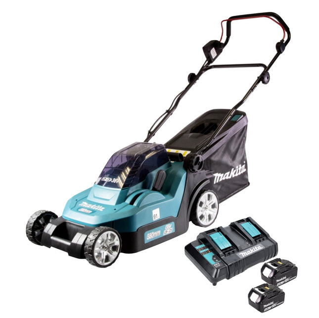 Makita DLM 382 CM2 Tondeuse à gazon sans fil 36 V ( 2x 18 V ) 38 cm 40 l + 2x batterie 4,0 Ah + double chargeur