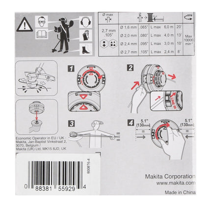 Makita 2-Trimmer Head Assembly Tap&Go 2.0 mm  for 18V Cordless String Trimmer DUR187 and DUR188 - 2 pcs. (2x 191D91-7)