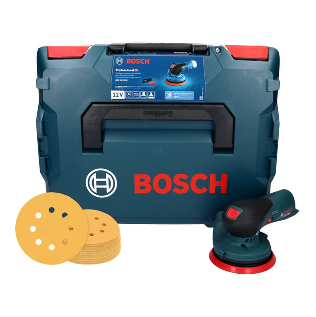 Bosch GEX 12V-125 Professional Cordless Random Orbit Sander 125 mm 12V Brushless + 50x EXPERT C470 Sandpapers K 120 + L-Boxx Case - without battery, without charger
