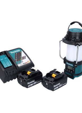 Makita DMR 055 RM cordless radio 18 V FM with lantern 360° torch + 2x rechargeable battery 4.0 Ah + charger