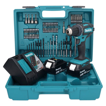 Makita DDF 482 RTX1 Akku Bohrschrauber 18 V 62 Nm + 2x Akku 5,0 Ah + Ladegerät + 74 tlg. Zubehörset + Koffer