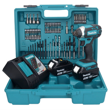 Makita DTD152F1X1 Visseuse à percussion sans fil 165Nm 18V 1/4" + 2x Batteries 5,0Ah + Chargeur + Coffret + Set d'accessoires, 74 pcs.