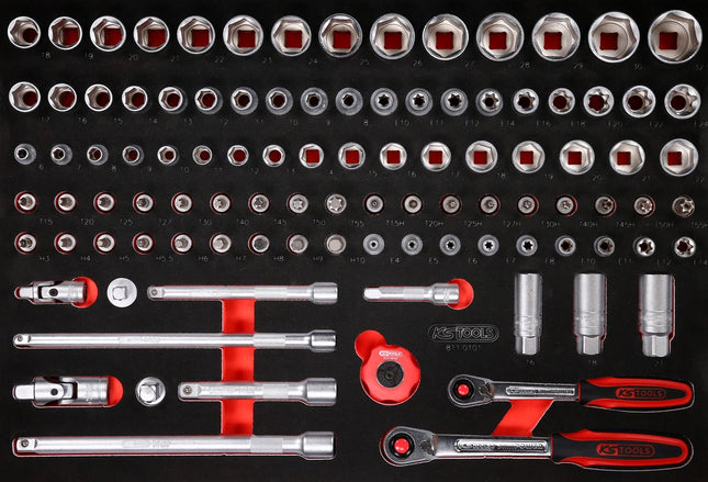 KS TOOLS Juego de llaves de vaso de 3/8' + 1/2' en inserto de gomaespuma, 101 pzs ( 811.0101 )
