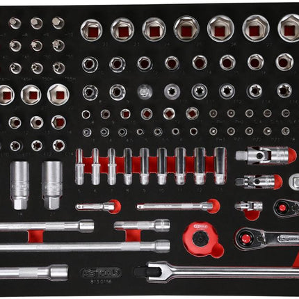KS TOOLS Juego de llaves de vaso de 1/4' + 3/8' + 1/2' en inserto de gomaespuma, 156 pzs ( 813.0156 )