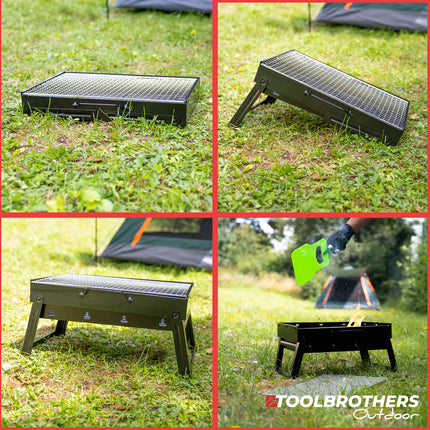 Toolbrothers Parrilla de carbón portátil para camping sin herramientas 43 x 29 x 23 cm negro cromado cubierto Ahumador BBQ Pit Grill
