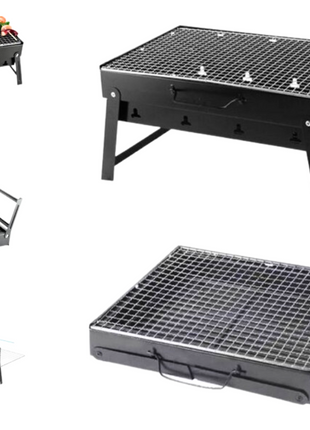 Toolbrothers Parrilla de carbón portátil para exteriores para acampar, montaje sin herramientas, 43 x 29 x 23 cm, parrilla para ahumador con revestimiento de cromo negro