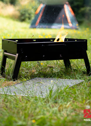 Toolbrothers Parrilla de carbón portátil para exteriores para acampar, montaje sin herramientas, 43 x 29 x 23 cm, parrilla para ahumador con revestimiento de cromo negro