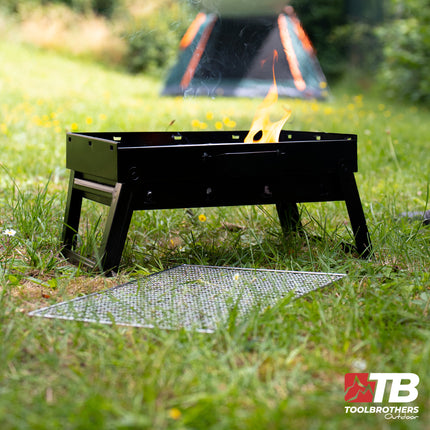 Toolbrothers Parrilla de carbón portátil para camping sin herramientas 43 x 29 x 23 cm negro cromado cubierto Ahumador BBQ Pit Grill