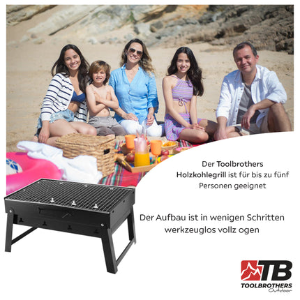Toolbrothers Parrilla de carbón portátil para camping sin herramientas 43 x 29 x 23 cm negro cromado cubierto Ahumador BBQ Pit Grill