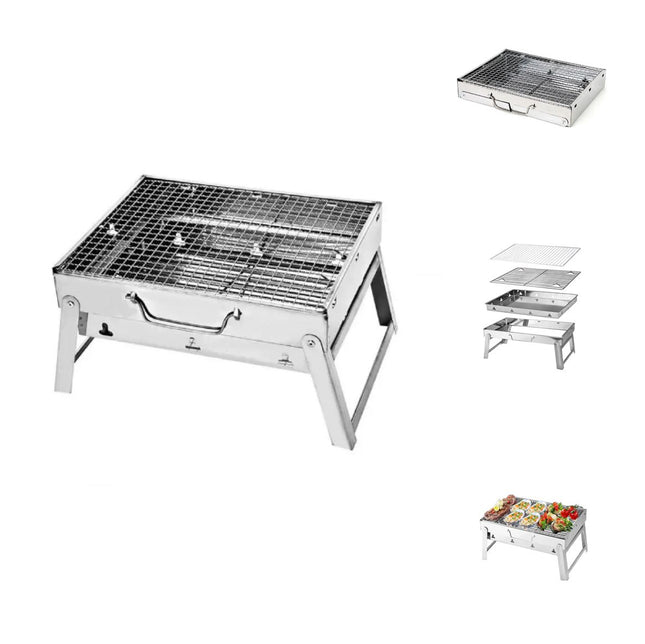 Toolbrothers Barbacoa de carbón portátil de acero inoxidable para exteriores para montar en camping sin herramientas 43 x 29 x 23 cm Ahumador plateado Parrilla BBQ Pit