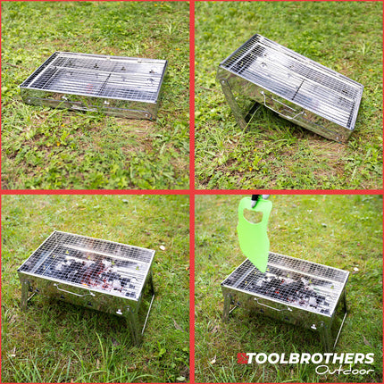 Toolbrothers Barbecue a carbonella portatile in acciaio inox per il campeggio, da allestire senza attrezzi 43 x 29 x 23 cm Smoker BBQ Pit Grill argento