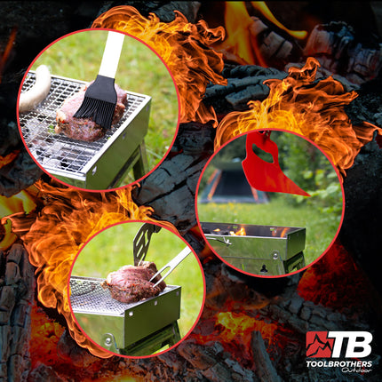 Toolbrothers Barbecue a carbonella portatile in acciaio inox per il campeggio, da allestire senza attrezzi 43 x 29 x 23 cm Smoker BBQ Pit Grill argento